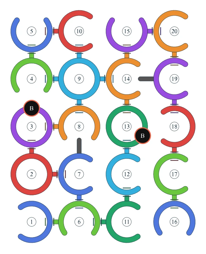 Rotate Rings level 75, default board with 20 rings
