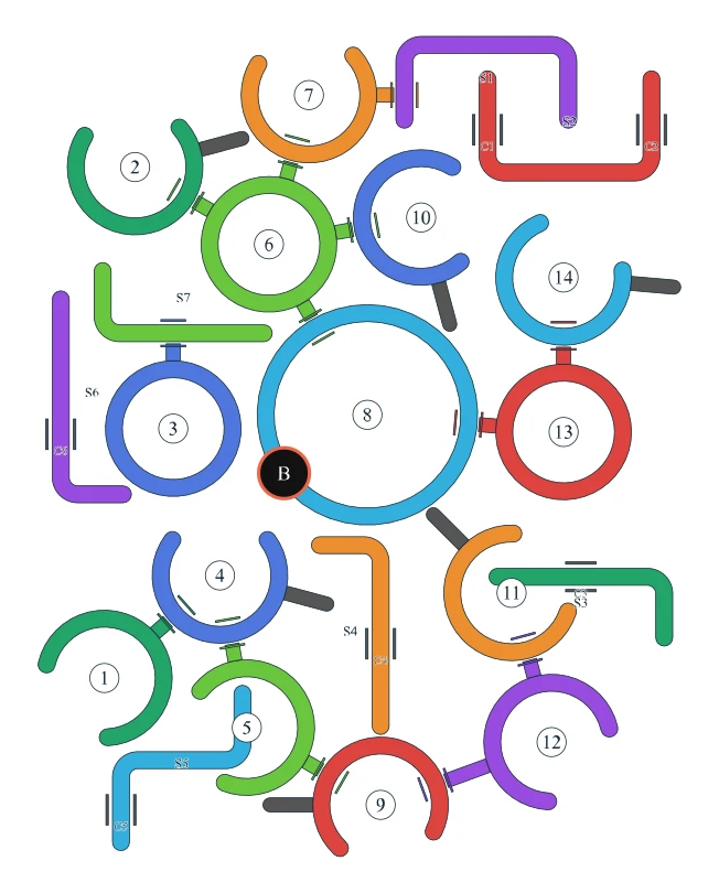Rotate Rings level 78, default board with 14 rings