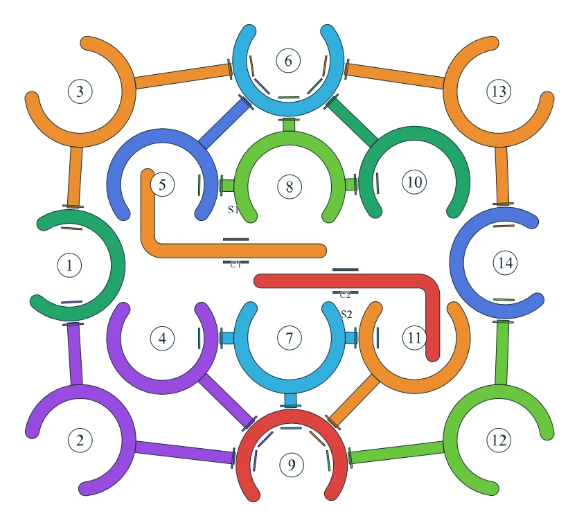 Rotate Rings level 48, default board with 14 rings