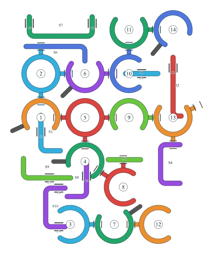 Rotate Rings level 42, default board with 14 rings