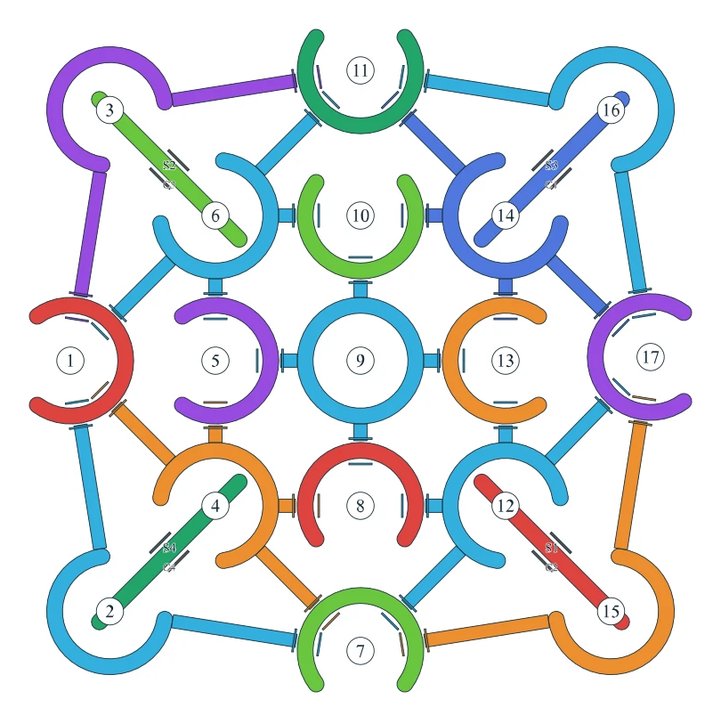 Rotate Rings level 56, default board with 17 rings