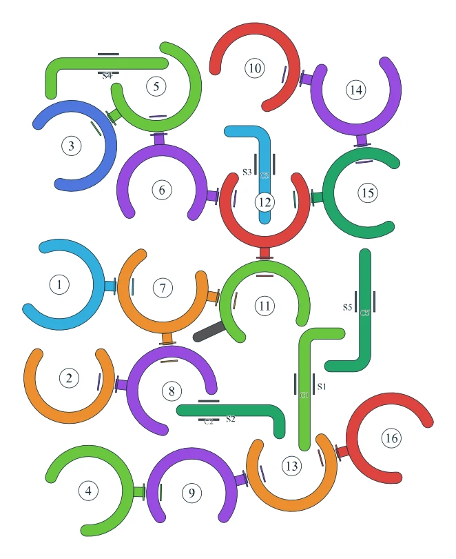 Rotate Rings level 73, default board with 16 rings