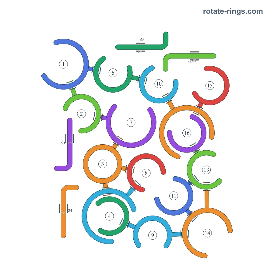 Rotate Rings level 65, default board with 16 rings