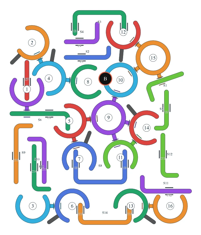 Rotate Rings level 79, default board with 16 rings